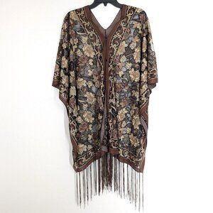 UNBRANDED Kimono Women's OS Floral Brown Black Metallic Sheer‎ Buttons Fringe